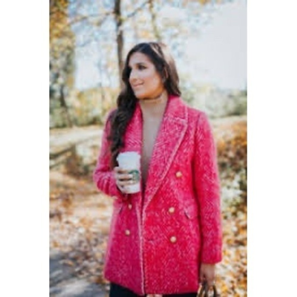 J.Crew Pink Herringbone Tweed Double Breasted Blazer Gold Crest Buttons - Picture 4 of 16